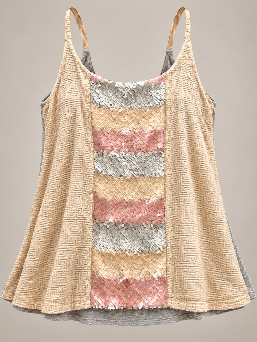 Anthropologie Tiny NWT Pink Gold Sequin Velvet Trim Tank Top Large